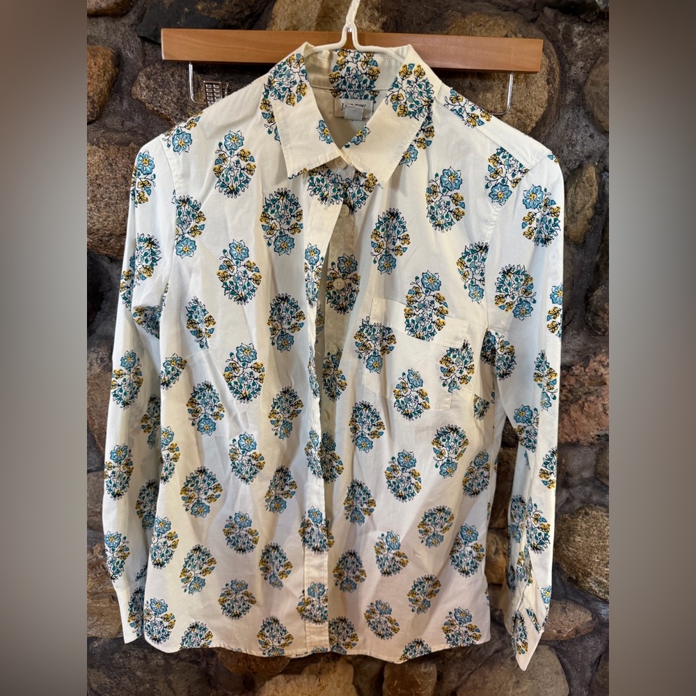 Women’s  Print Button-Up Shirt - Cream with Blue & Green